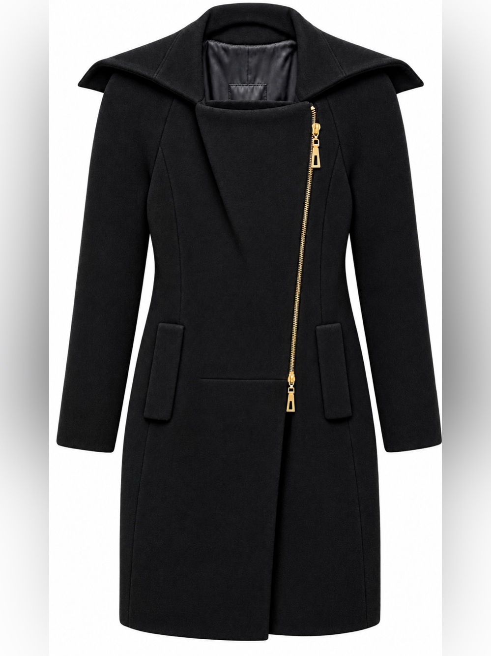Black Asymmetrical Zip Long Coat Medium